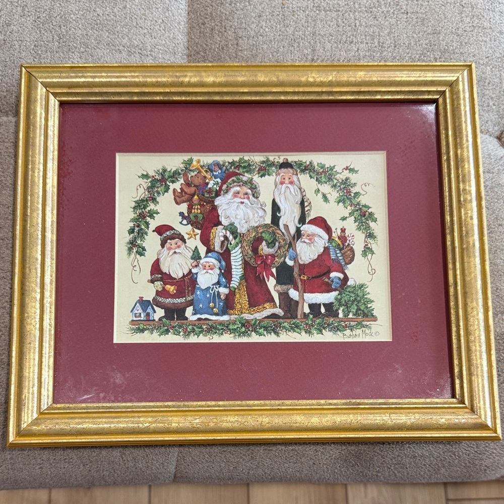 VTG Multi Santa Claus Print By Artist Barbara Mock | Christmas Decor Framed